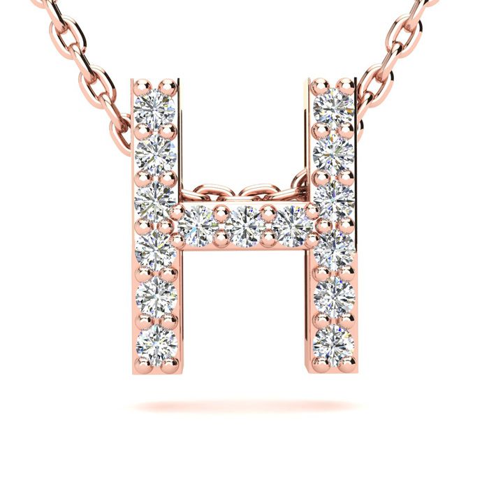 Letter H Diamond Initial Necklace in 14K Rose Gold (2.4 g) w/ 13 Diamonds, , 18 Inch Chain by SuperJeweler