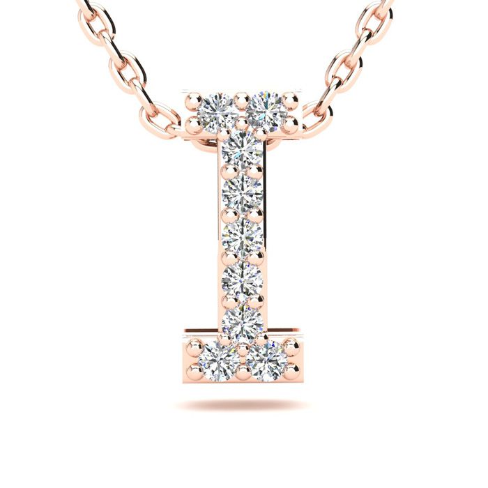 Letter I Diamond Initial Necklace in 14K Rose Gold (2.4 g) w/ 13 Diamonds, , 18 Inch Chain by SuperJeweler