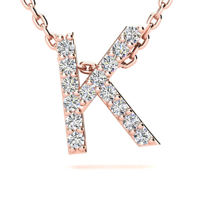 Letter K Diamond Initial Necklace in 14K Rose Gold (2.4 g) w/ 13 Diamonds, , 18 Inch Chain by SuperJeweler