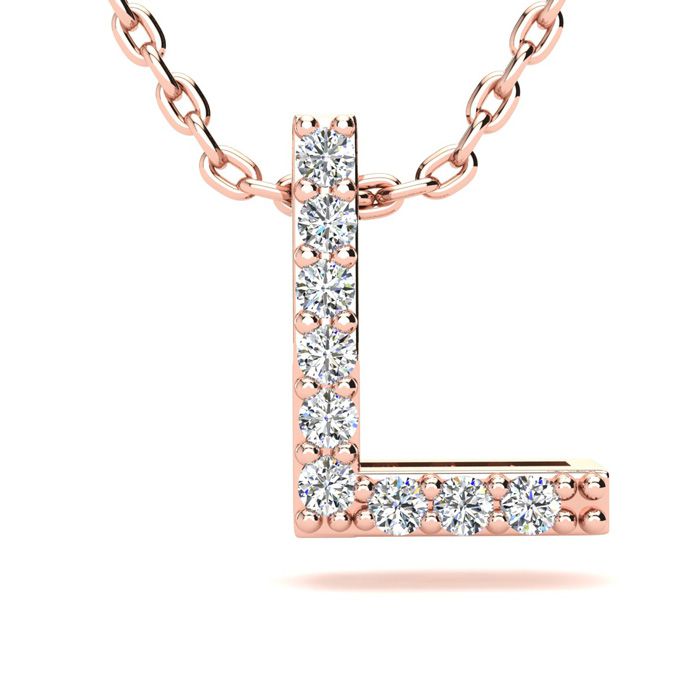 Letter L Diamond Initial Necklace in 14K Rose Gold (2.4 g) w/ 13 Diamonds, , 18 Inch Chain by SuperJeweler