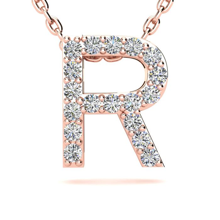 Letter R Diamond Initial Necklace in 14K Rose Gold (2.4 g) w/ 13 Diamonds, , 18 Inch Chain by SuperJeweler