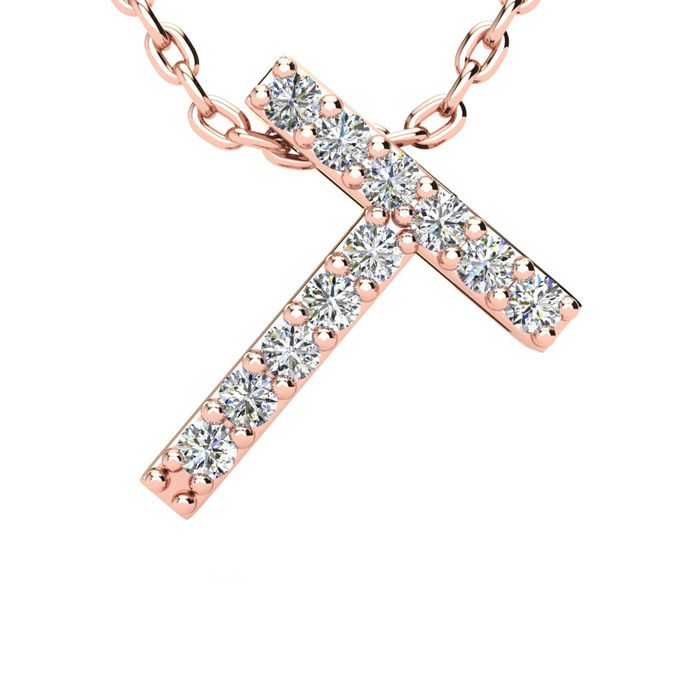 Letter T Diamond Initial Necklace in 14K Rose Gold (2.4 g) w/ 13 Diamonds, , 18 Inch Chain by SuperJeweler