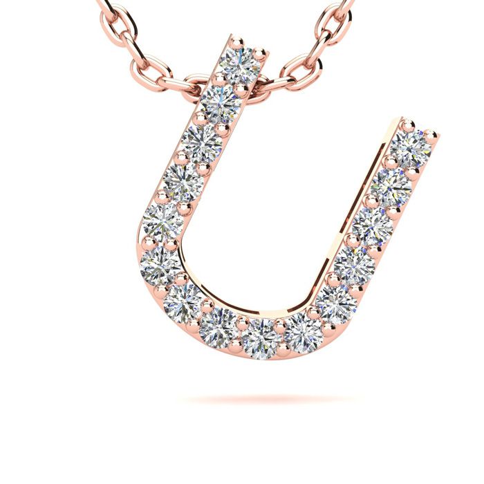 Letter U Diamond Initial Necklace in 14K Rose Gold (2.4 g) w/ 13 Diamonds, , 18 Inch Chain by SuperJeweler