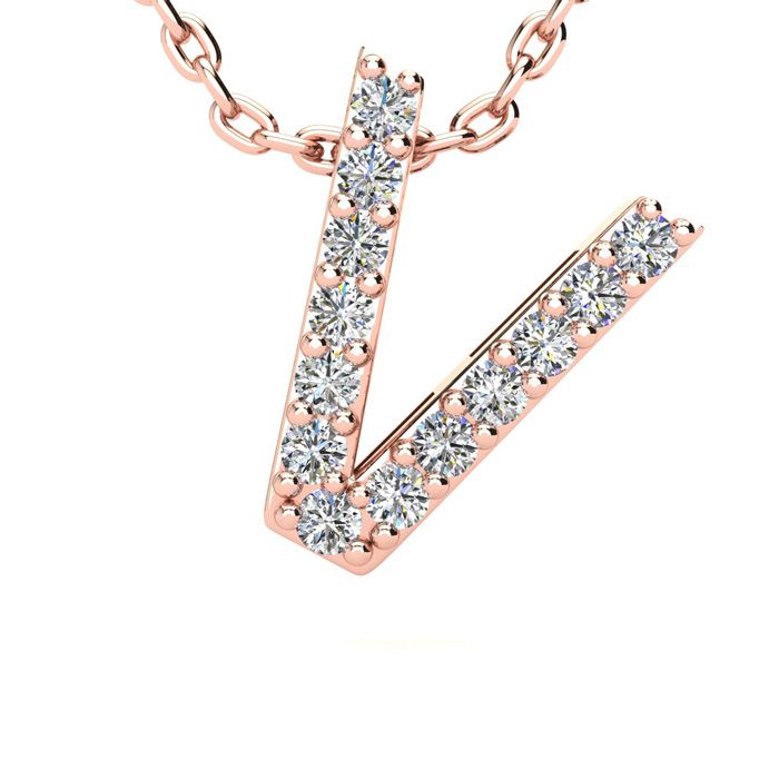 Letter V Diamond Initial Necklace in 14K Rose Gold (2.4 g) w/ 13 Diamonds, , 18 Inch Chain by SuperJeweler