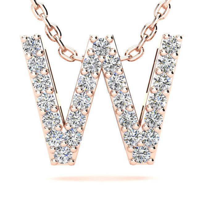 Letter W Diamond Initial Necklace in 14K Rose Gold (2.4 g) w/ 13 Diamonds, , 18 Inch Chain by SuperJeweler