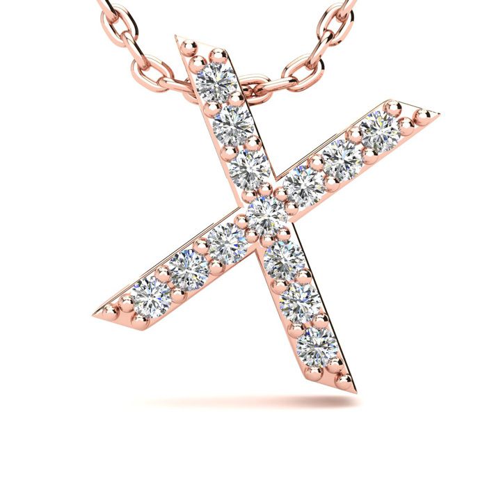 Letter X Diamond Initial Necklace in 14K Rose Gold (2.4 g) w/ 13 Diamonds, , 18 Inch Chain by SuperJeweler