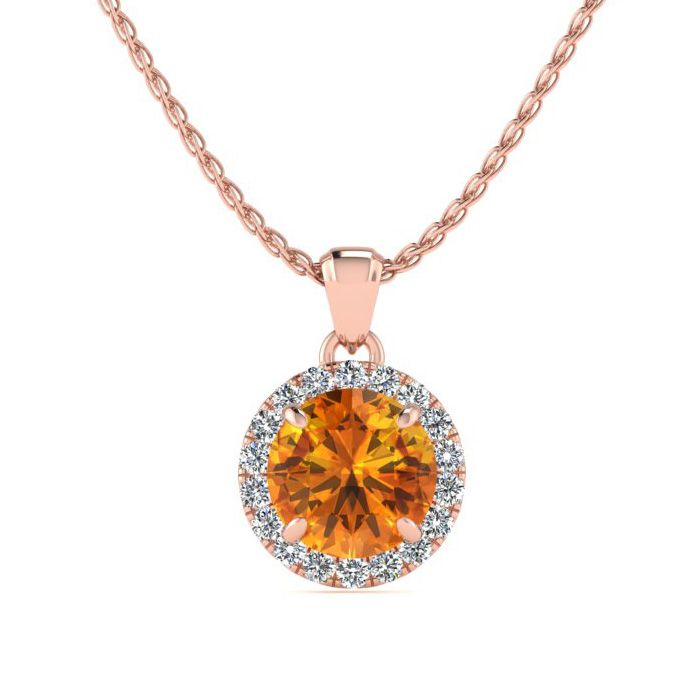 3/4 Carat Round Shape Citrine & Halo Diamond Necklace in 14K Rose Gold (1.4 g), , 18 Inch Chain by SuperJeweler