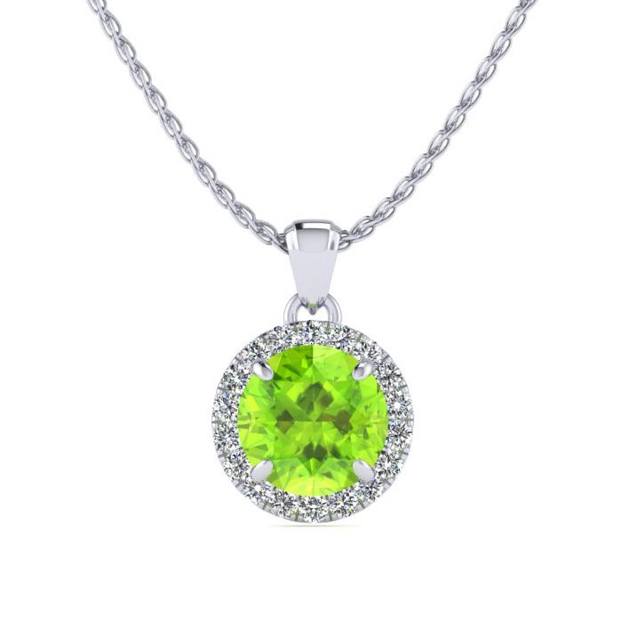 1 Carat Round Shape Peridot & Halo Diamond Necklace in 14K White Gold (1.4 g), , 18 Inch Chain by SuperJeweler