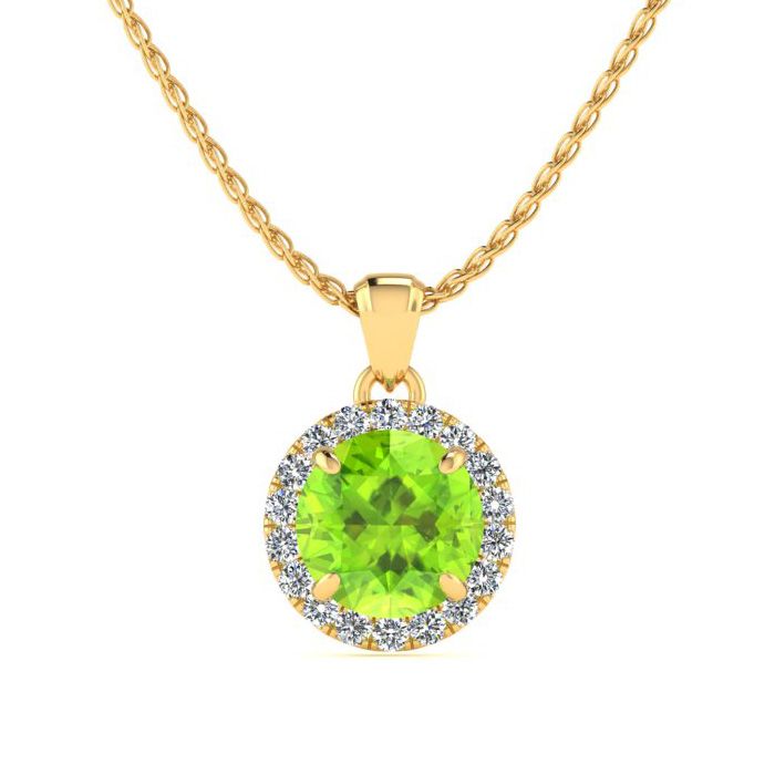 1 Carat Round Shape Peridot & Halo Diamond Necklace in 14K Yellow Gold (1.4 g), , 18 Inch Chain by SuperJeweler