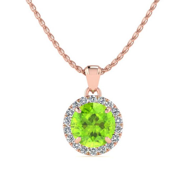 1 Carat Round Shape Peridot & Halo Diamond Necklace in 14K Rose Gold (1.4 g), , 18 Inch Chain by SuperJeweler