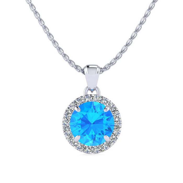 1 Carat Round Shape Blue Topaz & Halo Diamond Necklace in 14K White Gold (1.4 g), , 18 Inch Chain by SuperJeweler