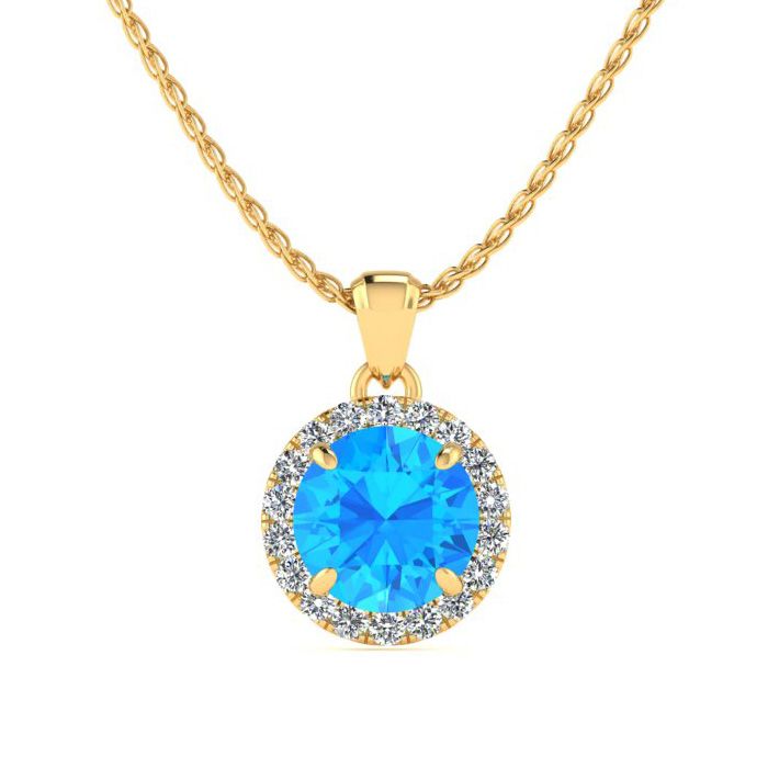 1 Carat Round Shape Blue Topaz & Halo Diamond Necklace in 14K Yellow Gold (1.4 g), , 18 Inch Chain by SuperJeweler