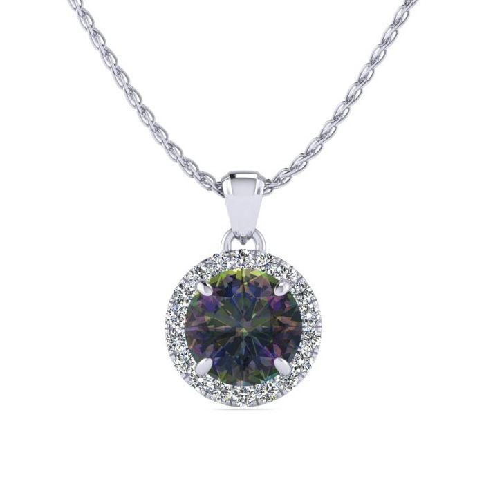 3/4 Carat Round Shape Mystic Topaz & Halo Diamond Necklace in 14K White Gold (1.4 g), , 18 Inch Chain by SuperJeweler