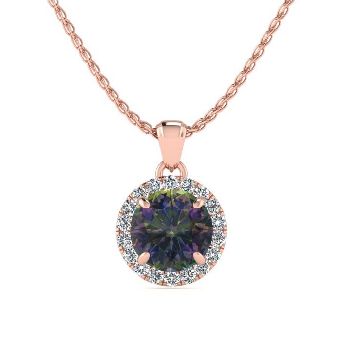 3/4 Carat Round Shape Mystic Topaz & Halo Diamond Necklace in 14K Rose Gold (1.4 g), , 18 Inch Chain by SuperJeweler