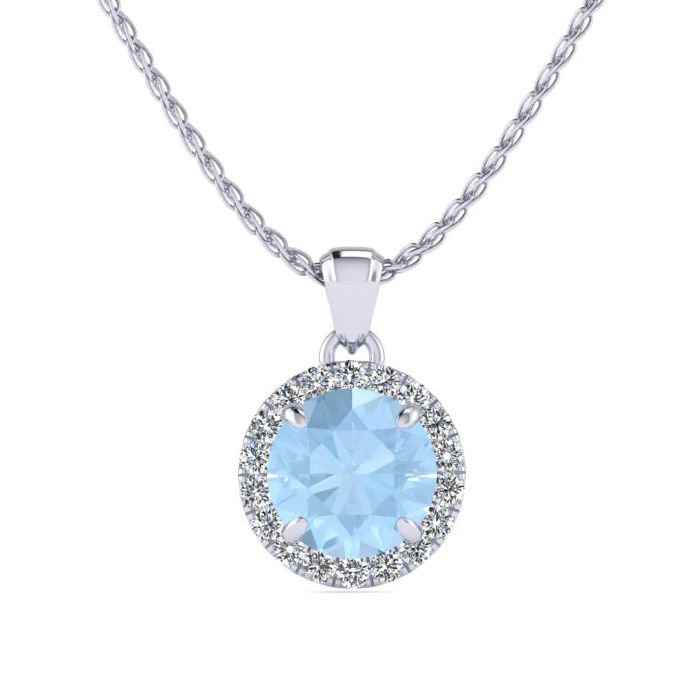 1 Carat Round Shape Aquamarine & Halo Diamond Necklace in 14K White Gold (1.4 g), , 18 Inch Chain by SuperJeweler