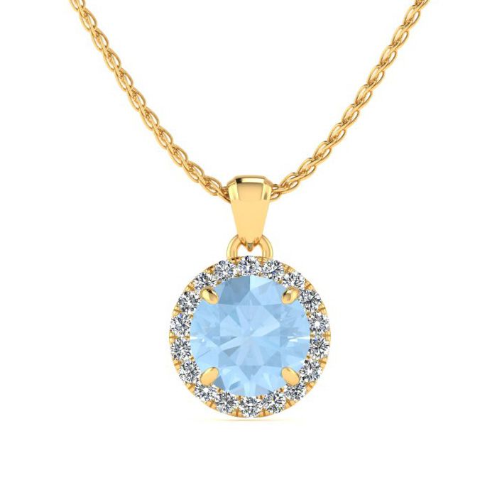 1 Carat Round Shape Aquamarine & Halo Diamond Necklace in 14K Yellow Gold (1.4 g), , 18 Inch Chain by SuperJeweler