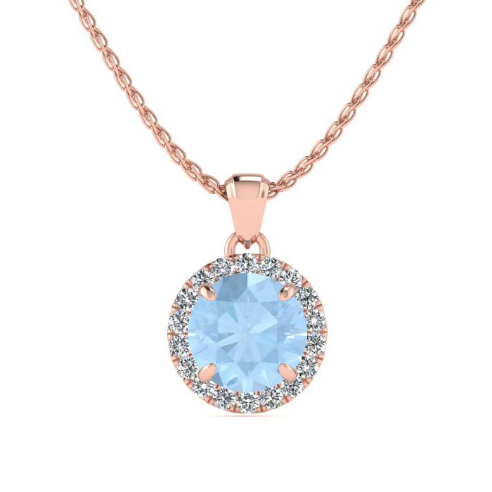 1 Carat Round Shape Aquamarine & Halo Diamond Necklace in 14K Rose Gold (1.4 g), , 18 Inch Chain by SuperJeweler