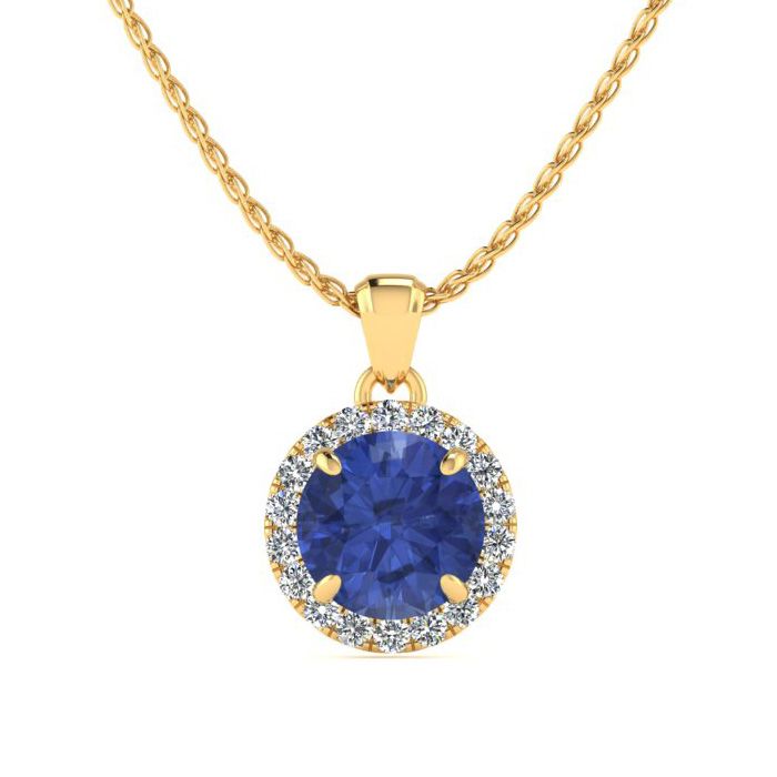 1 Carat Round Shape Tanzanite & Halo Diamond Necklace in 14K Yellow Gold (1.4 g), , 18 Inch Chain by SuperJeweler