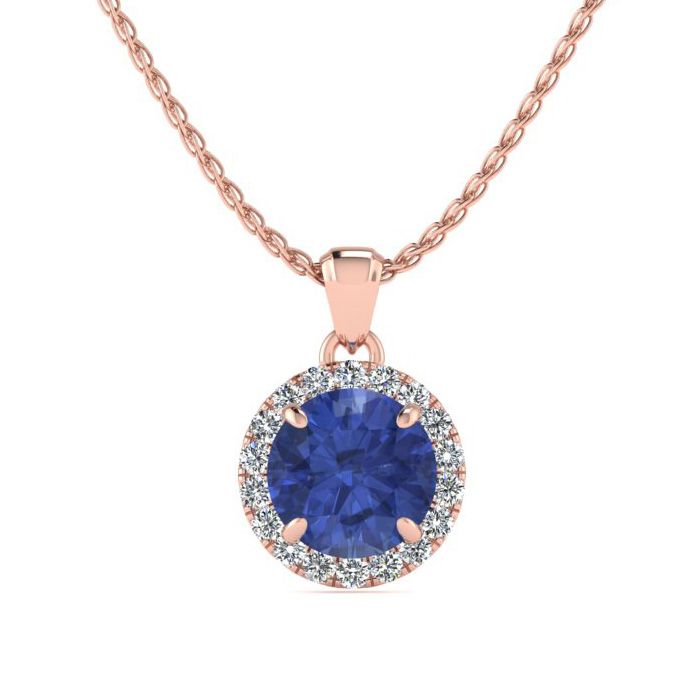 1 Carat Round Shape Tanzanite & Halo Diamond Necklace in 14K Rose Gold (1.4 g), , 18 Inch Chain by SuperJeweler