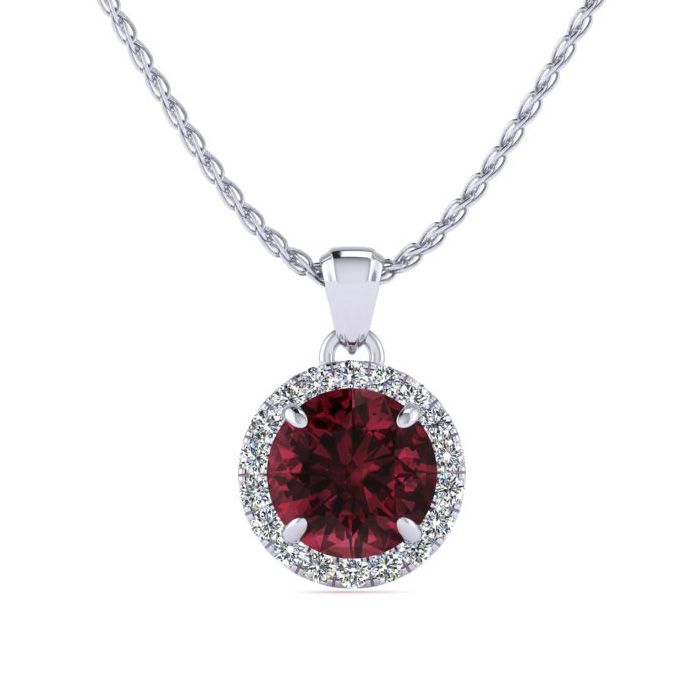 1.25 Carat Round Shape Garnet & Halo Diamond Necklace in 14K White Gold (1.4 g), , 18 Inch Chain by SuperJeweler