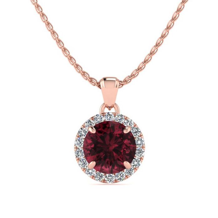 1.25 Carat Round Shape Garnet & Halo Diamond Necklace in 14K Rose Gold (1.4 g), , 18 Inch Chain by SuperJeweler