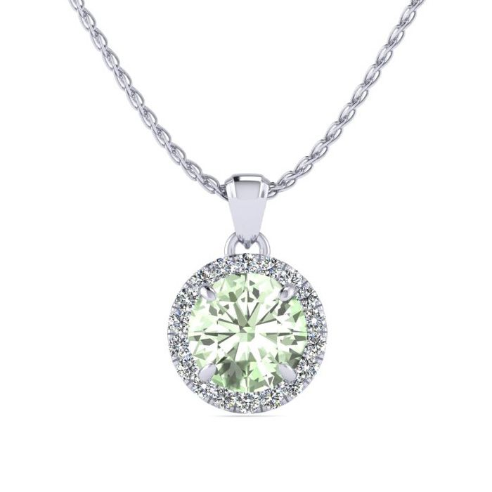 3/4 Carat Round Shape Green Amethyst & Halo Diamond Necklace in 14K White Gold (1.4 g), , 18 Inch Chain by SuperJeweler