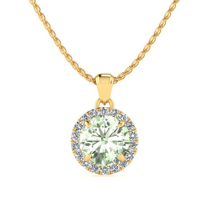 3/4 Carat Round Shape Green Amethyst & Halo Diamond Necklace in 14K Yellow Gold (1.4 g), , 18 Inch Chain by SuperJeweler