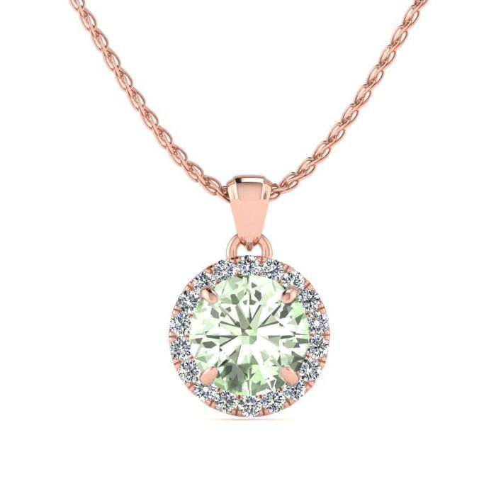 3/4 Carat Round Shape Green Amethyst & Halo Diamond Necklace In 14K Rose Gold (1.4 G), H/I, 18 Inch Chain By SuperJeweler