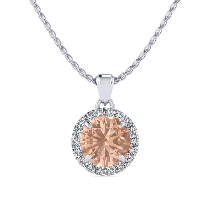 1 Carat Round Shape Morganite & Halo Diamond Necklace in 14K White Gold (1.4 g), , 18 Inch Chain by SuperJeweler