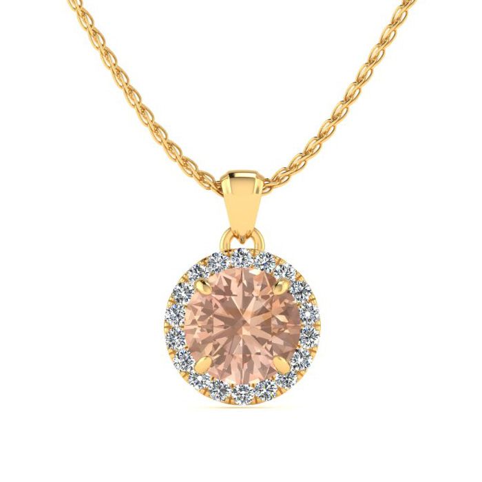 1 Carat Round Shape Morganite & Halo Diamond Necklace in 14K Yellow Gold (1.4 g), , 18 Inch Chain by SuperJeweler