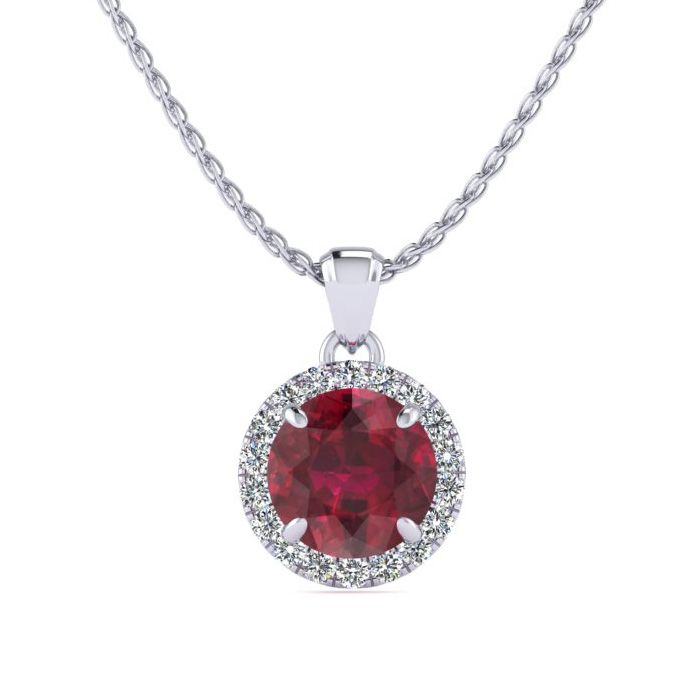 1 Carat Round Shape Ruby & Halo Diamond Necklace in 14K White Gold (1.4 g), , 18 Inch Chain by SuperJeweler