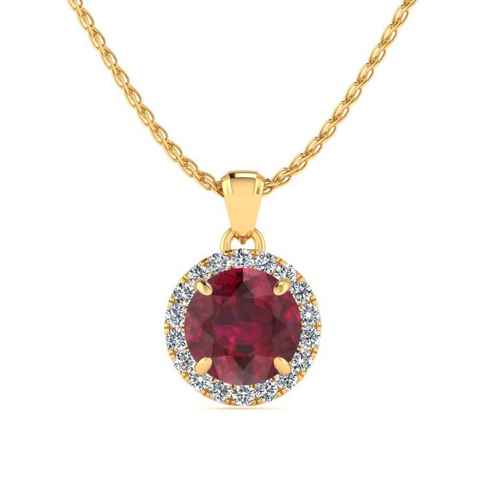 1 Carat Round Shape Ruby & Halo Diamond Necklace in 14K Yellow Gold (1.4 g), , 18 Inch Chain by SuperJeweler