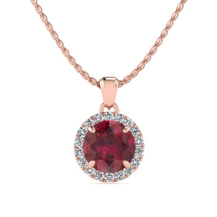 1 Carat Round Shape Ruby & Halo Diamond Necklace in 14K Rose Gold (1.4 g), , 18 Inch Chain by SuperJeweler