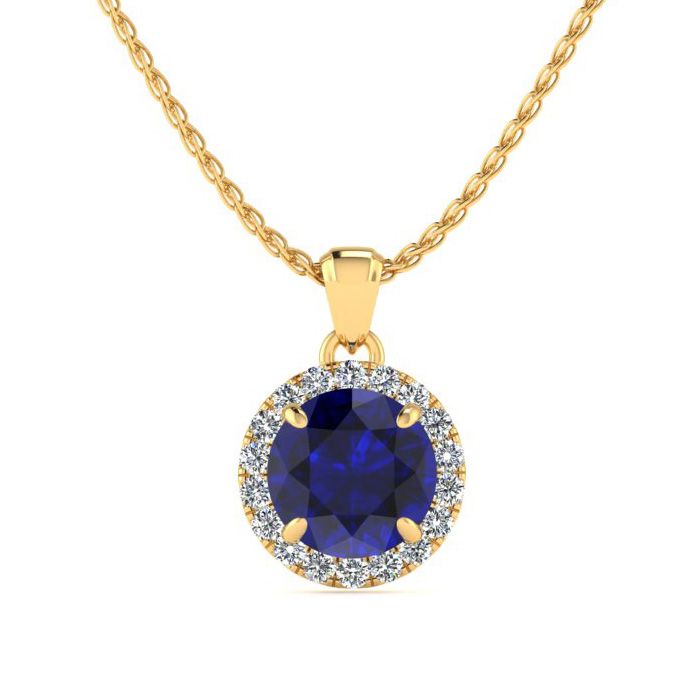 1 Carat Round Shape Sapphire & Halo Diamond Necklace in 14K Yellow Gold (1.4 g), , 18 Inch Chain by SuperJeweler