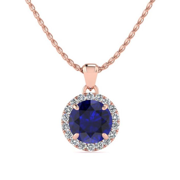 1 Carat Round Shape Sapphire & Halo Diamond Necklace in 14K Rose Gold (1.4 g), , 18 Inch Chain by SuperJeweler