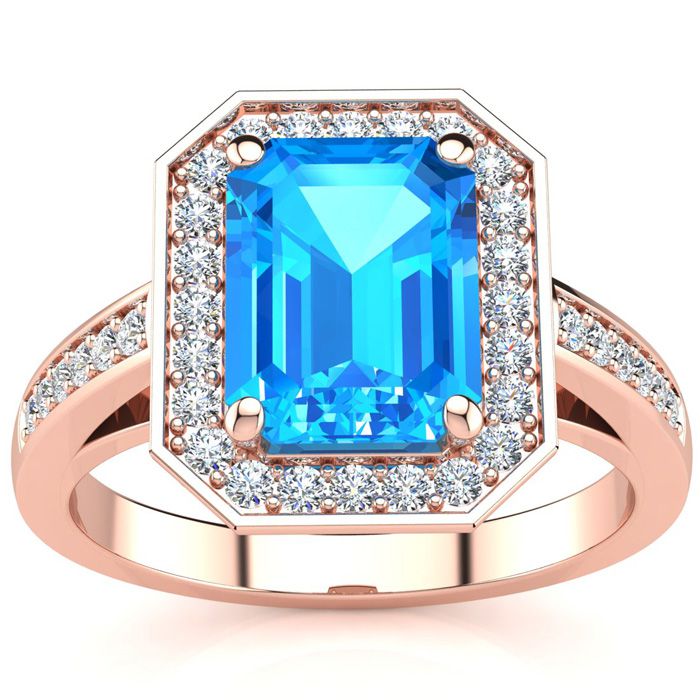 2 1/4 Carat Blue Topaz & Halo Diamond Ring in 14K Rose Gold (5.1 g),  by SuperJeweler