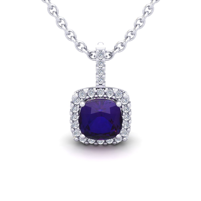 1 Carat Cushion Cut Amethyst & Halo Diamond Necklace in 14K White Gold (1.5 g), 18 Inches,  by SuperJeweler