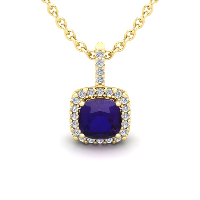 1 Carat Cushion Cut Amethyst & Halo Diamond Necklace in 14K Yellow Gold (1.5 g), 18 Inches,  by SuperJeweler