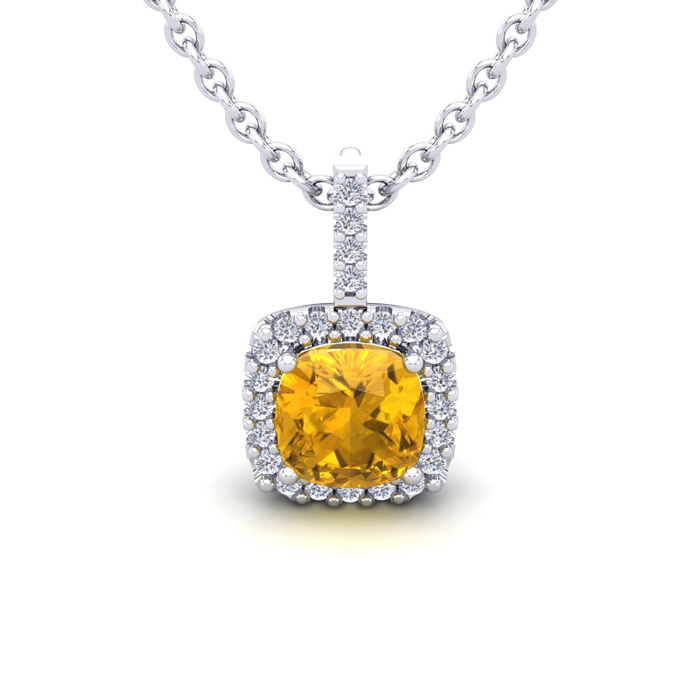 1 Carat Cushion Cut Citrine & Halo Diamond Necklace in 14K White Gold (1.5 g), 18 Inches,  by SuperJeweler