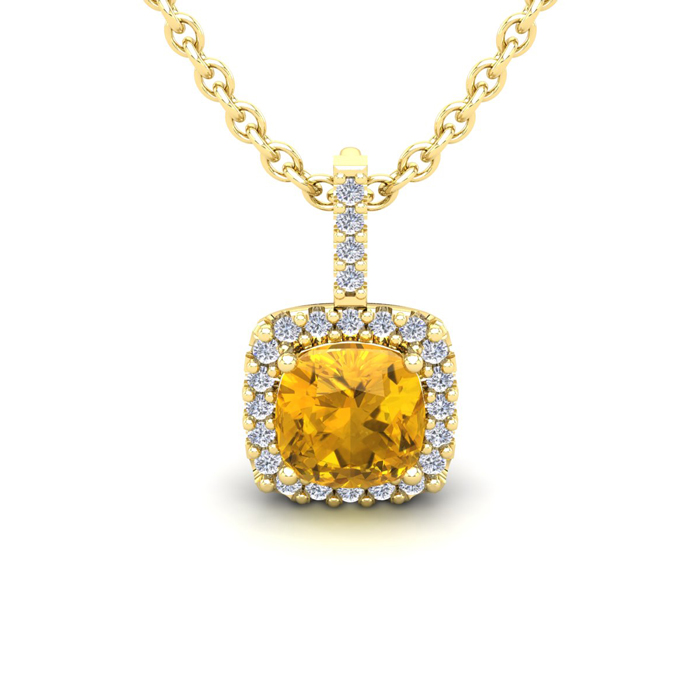 1 Carat Cushion Cut Citrine & Halo Diamond Necklace in 14K Yellow Gold (1.5 g), 18 Inches,  by SuperJeweler