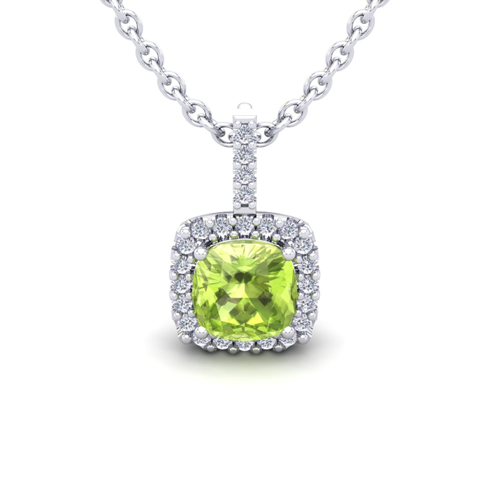 1.25 Carat Cushion Cut Peridot & Halo Diamond Necklace in 14K White Gold (1.5 g), 18 Inches,  by SuperJeweler