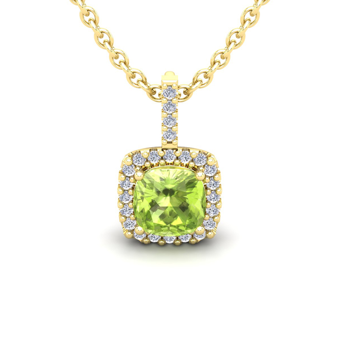 1.25 Carat Cushion Cut Peridot & Halo Diamond Necklace in 14K Yellow Gold (1.5 g), 18 Inches,  by SuperJeweler