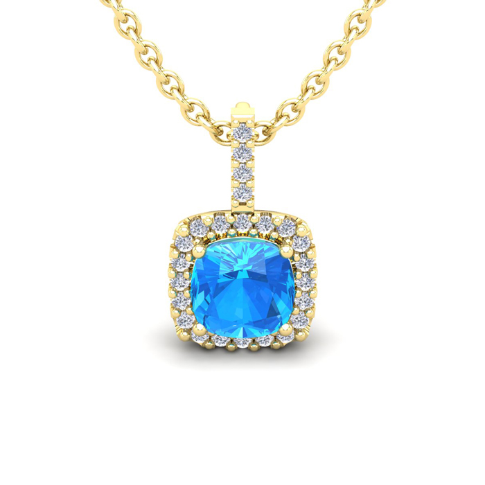 1.25 Carat Cushion Cut Blue Topaz & Halo Diamond Necklace in 14K Yellow Gold (1.5 g), 18 Inches,  by SuperJeweler