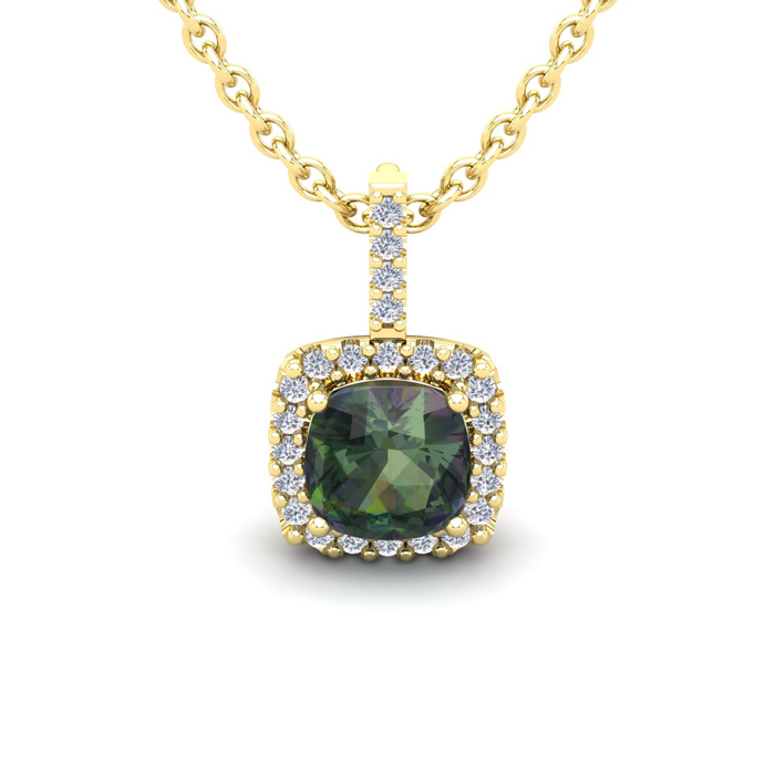 1 1/3 Carat Cushion Cut Mystic Topaz & Halo Diamond Necklace in 14K Yellow Gold (1.5 g), 18 Inches,  by SuperJeweler