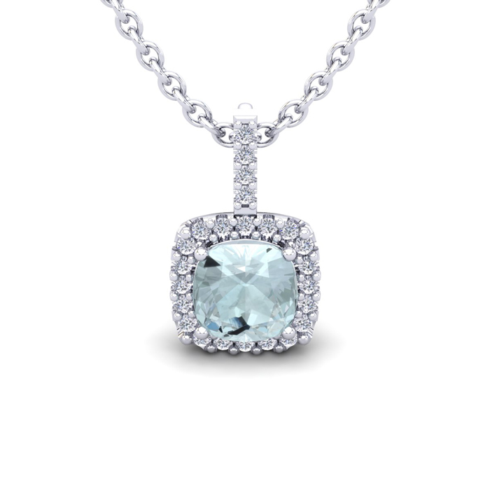 1 Carat Cushion Cut Aquamarine & Halo Diamond Necklace in 14K White Gold (1.5 g), 18 Inches,  by SuperJeweler