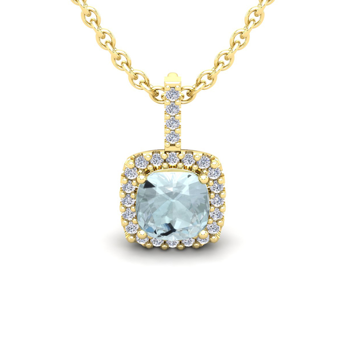 1 Carat Cushion Cut Aquamarine & Halo Diamond Necklace in 14K Yellow Gold (1.5 g), 18 Inches,  by SuperJeweler