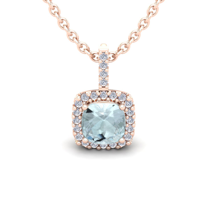 1 Carat Cushion Cut Aquamarine & Halo Diamond Necklace in 14K Rose Gold (1.5 g), 18 Inches,  by SuperJeweler