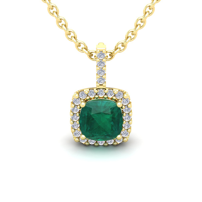 1.25 Carat Cushion Cut Emerald & Halo Diamond Necklace in 14K Yellow Gold (1.5 g), 18 Inches,  by SuperJeweler