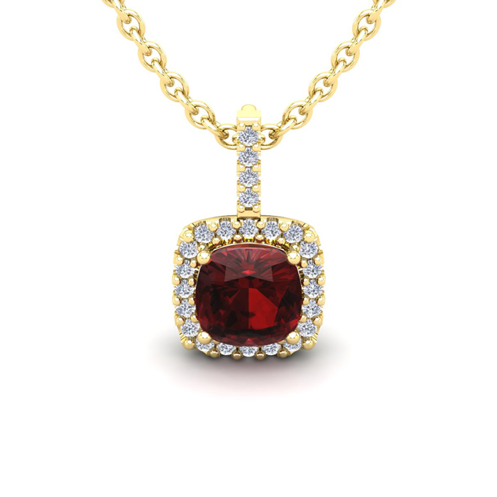 1.25 Carat Cushion Cut Garnet & Halo Diamond Necklace In 14K Yellow Gold (1.5 G), 18 Inches, I/J By SuperJeweler