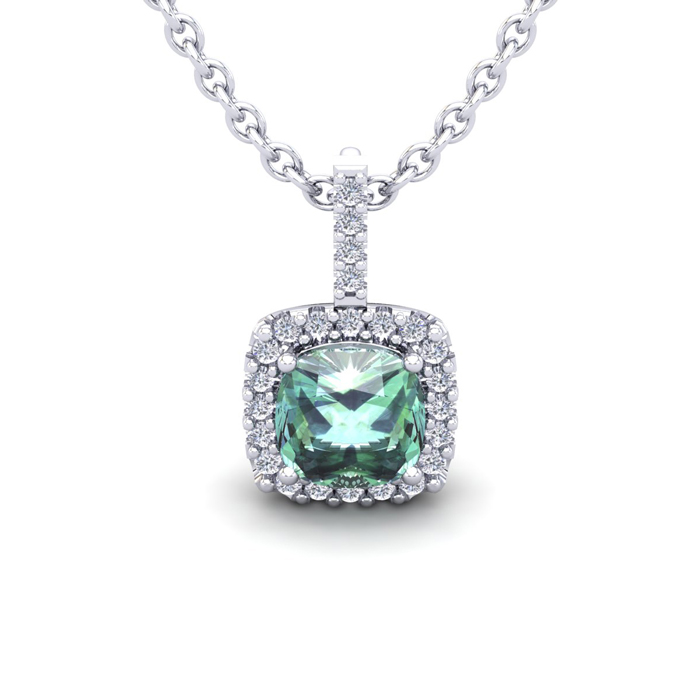 1 Carat Cushion Cut Green Amethyst & Halo Diamond Necklace In 14K White Gold (1.5 G), 18 Inches, I/J By SuperJeweler